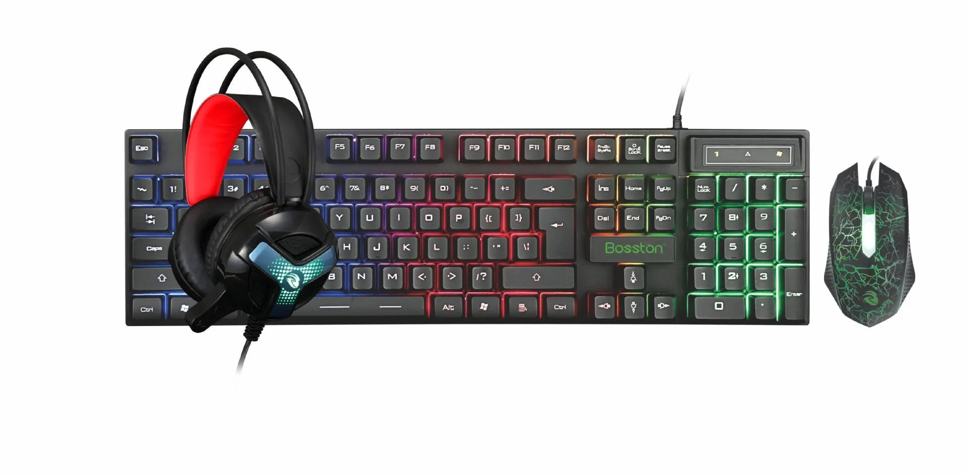Thunder Wolf T800 gaming keyboard mouse combo set with backlit keys and included headset on mouse pad