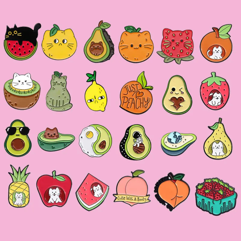 Colourful cartoon fruit and letter shaped zinc alloy brooch pin on fabric