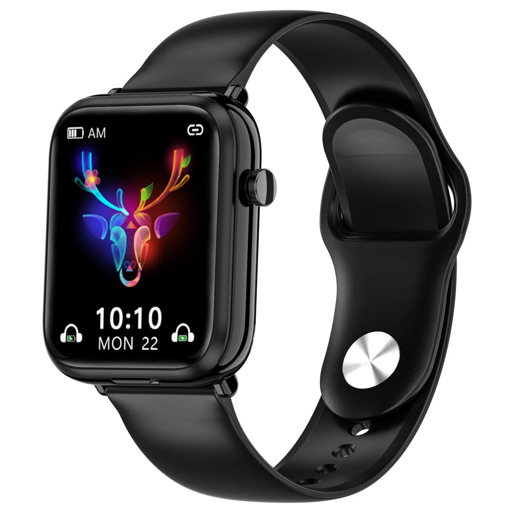 Black zinc alloy smartwatch with 1.69-inch touchscreen next to wireless Bluetooth earbuds and charging case.