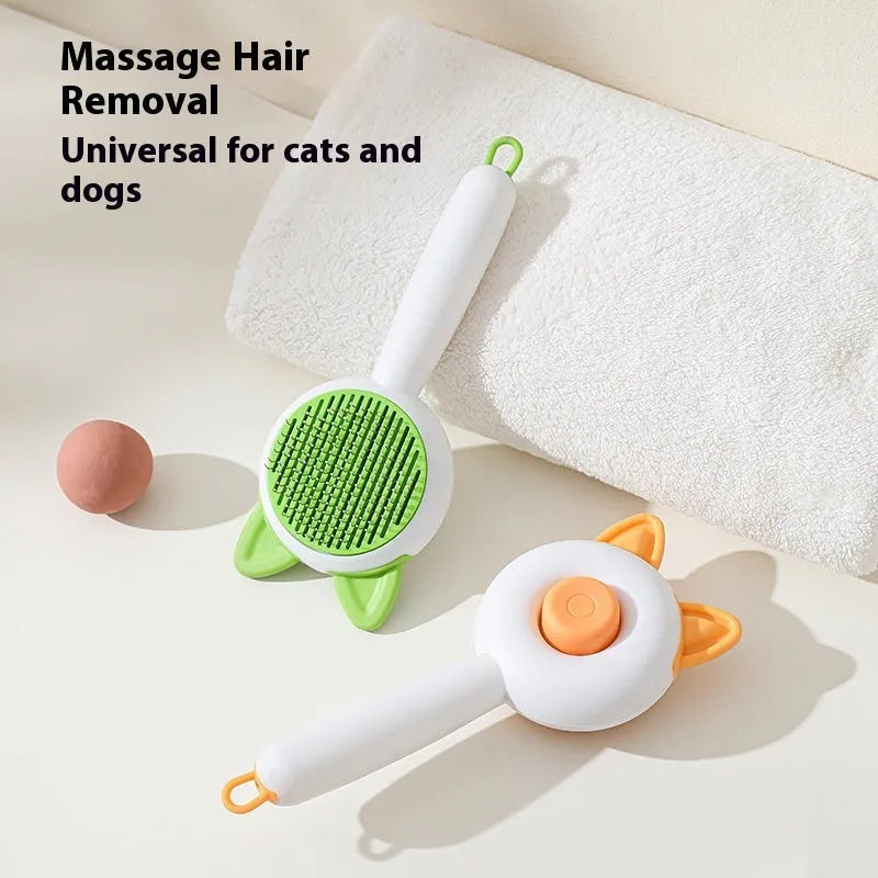 Self-cleaning pet hair removal massage comb with stainless steel teeth in greenish white colour