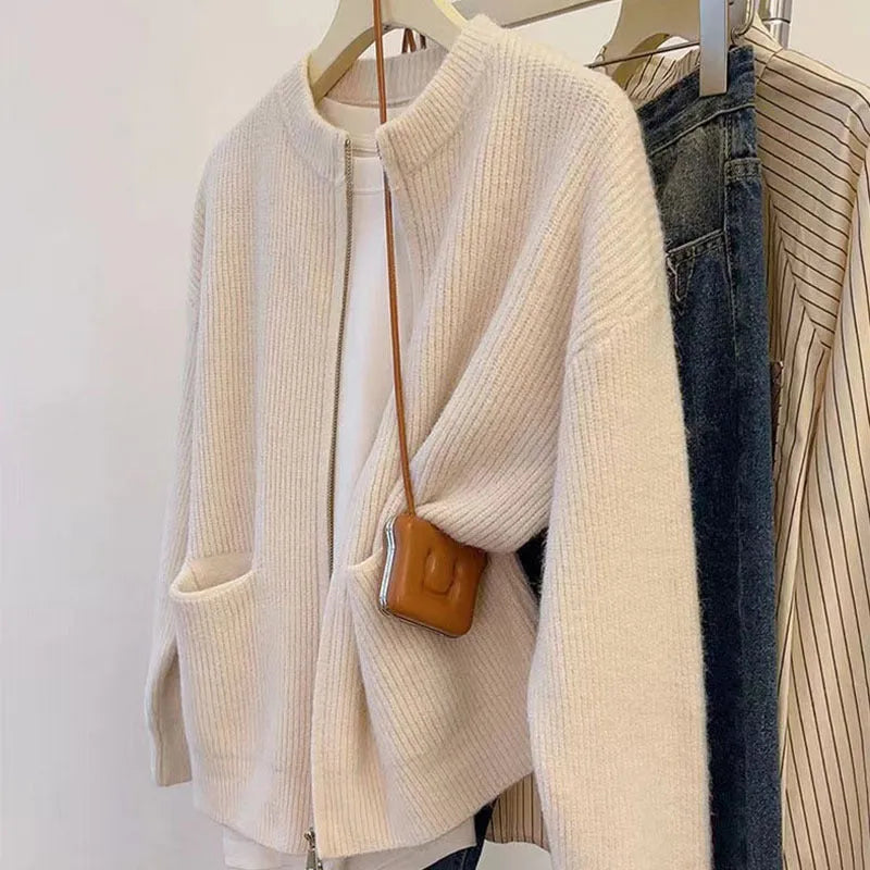 Soft Wind women's viscose sweater coat in beige, grey, black, or khaki colour.