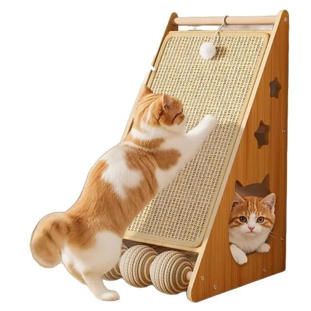 Vertical wall-mounted cat scratch board with sisal surface and hemp rope ball design