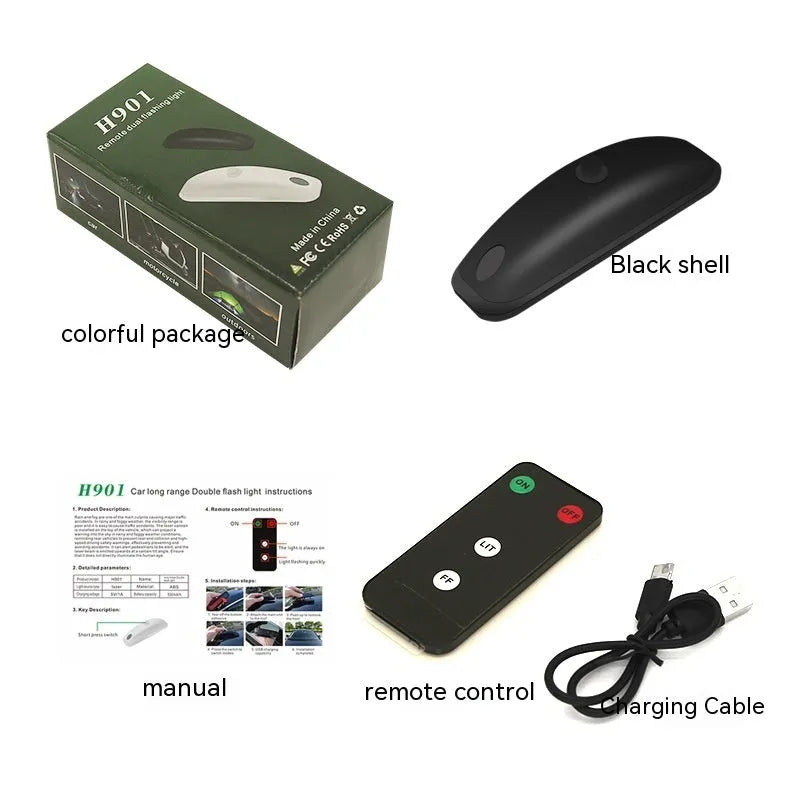 Black or white car strobe light with remote control for adverse weather visibility.