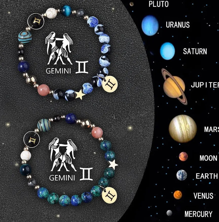 Set of two beaded bracelets made from natural stone, representing Chinese zodiac signs.
