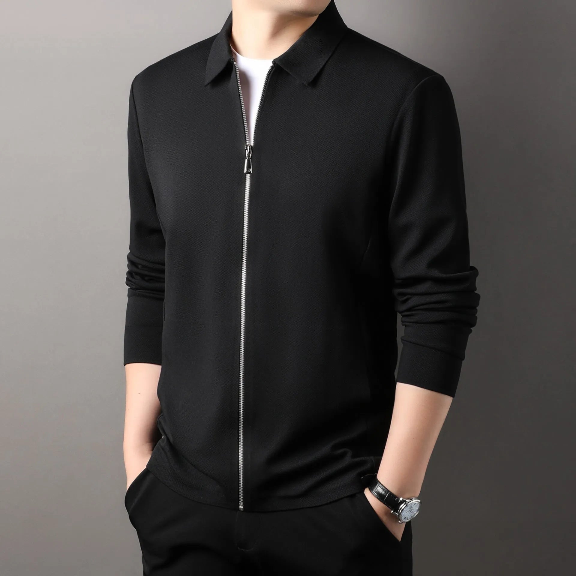 Men's polyester business jacket with straight hem in black, dark grey or apricot colours