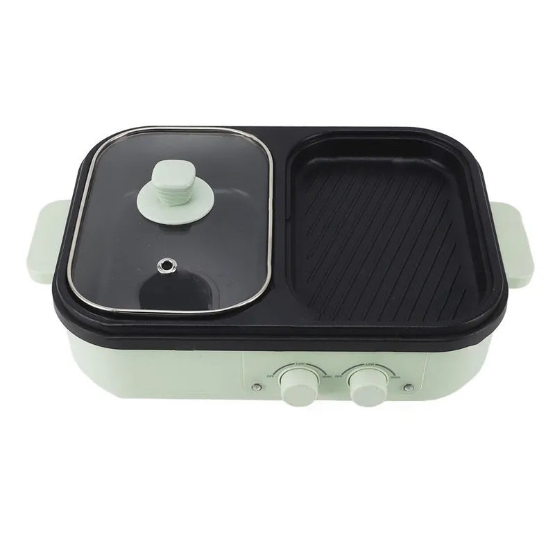 White or green dual-function electric caldron and frying oven appliance for 2-3 people.
