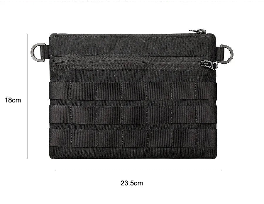Black oxford cloth tactical pouch measuring 18cm by 3.5cm for outdoor gear.