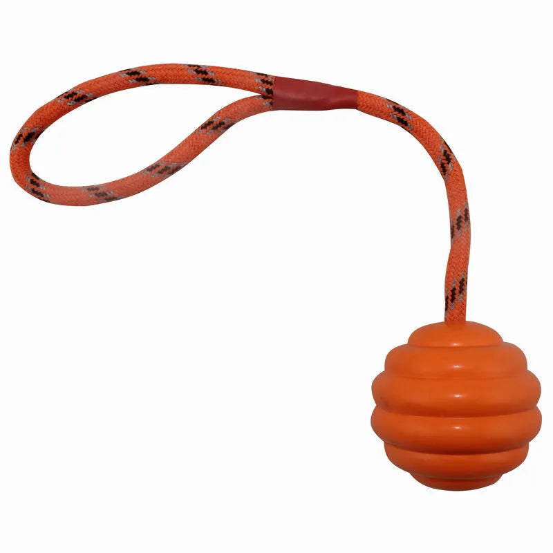 Multi-colour rubber dog toy ball with rope knot design measuring 6cm by 30cm