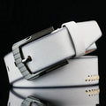 Men's retro style pin buckle casual belt in black with threading pattern, alloy buckle, 110cm length