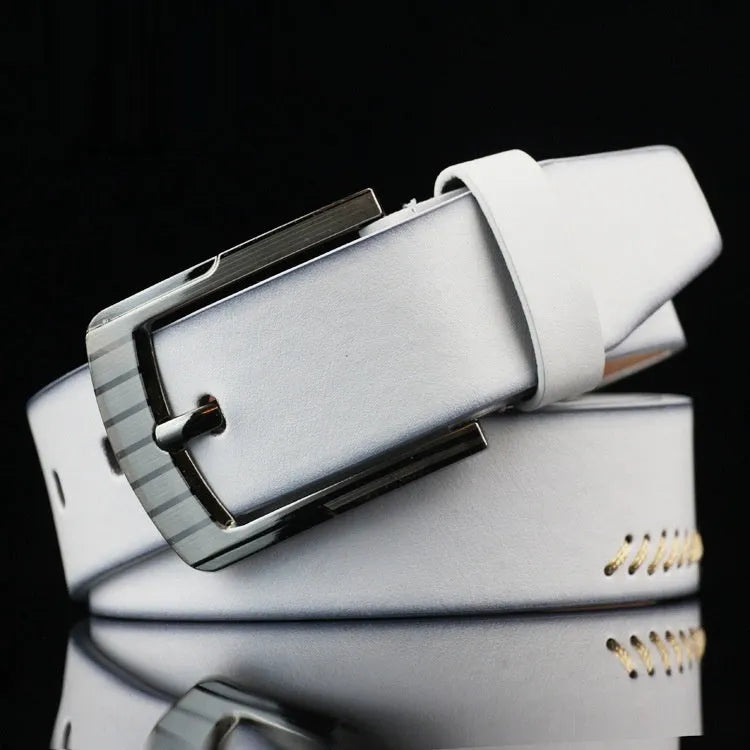 Men's retro style pin buckle casual belt in black with threading pattern, alloy buckle, 110cm length