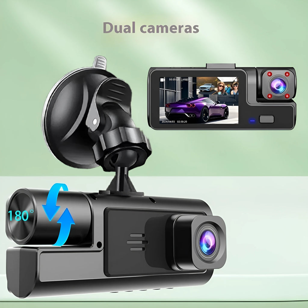 WiFi-connected driving recorder with 2.0-inch screen showing front and rear camera views