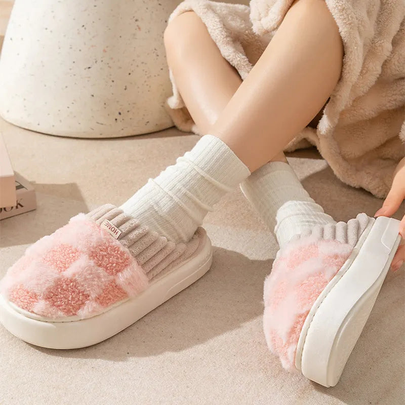 Women's plaid patterned plush slippers with polar fleece upper and non-slip PVC sole in coffee colour