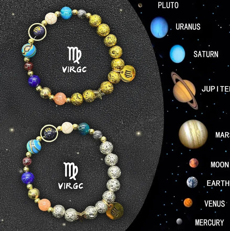 Two natural stone zodiac charm bracelets with elastic threads showing different zodiac symbols