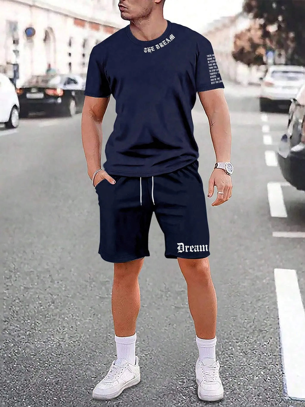 Sports style short-sleeved shorts set with printed pattern, loose fit shorts, and quick-dry fabric