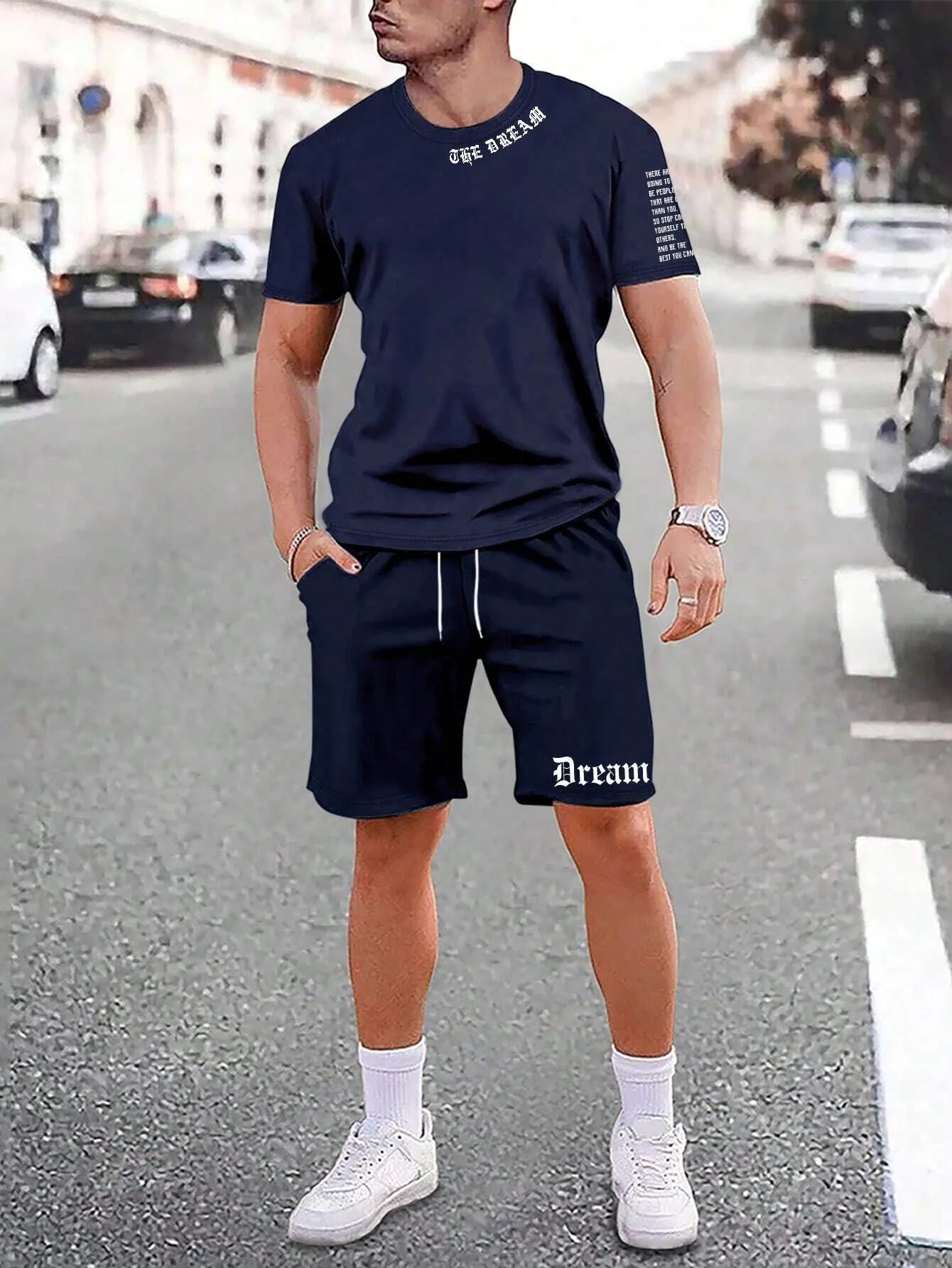 Sports style short-sleeved shorts set with printed pattern, loose fit shorts, and quick-dry fabric