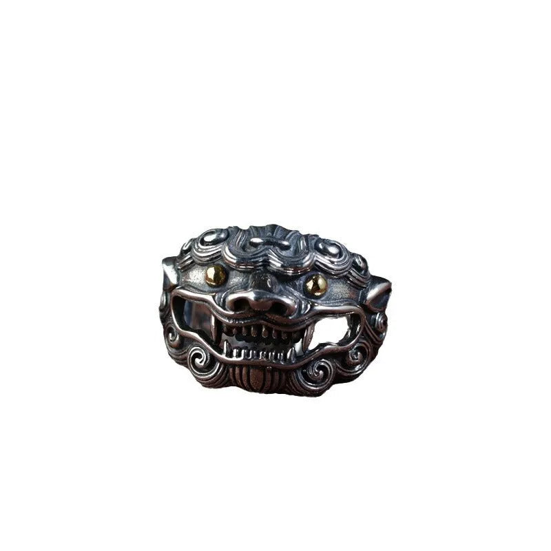 Silver open ring with detailed jibeast animal zodiac pattern and diamond details