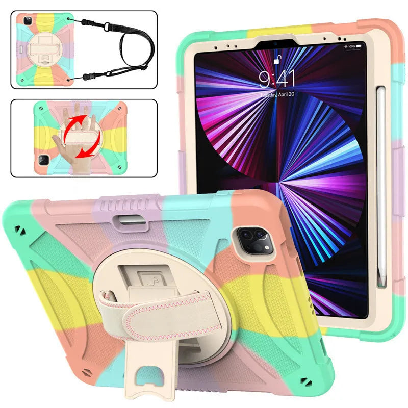 Rotating bracket strap silicone protective case for iPad in rose gold colour, showing the integrated stand.