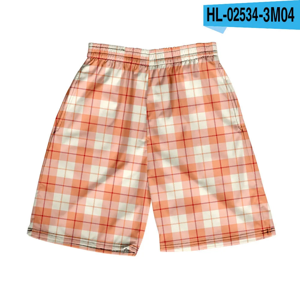 Men's straight cut plaid shorts in polyester fabric with elastic waistband