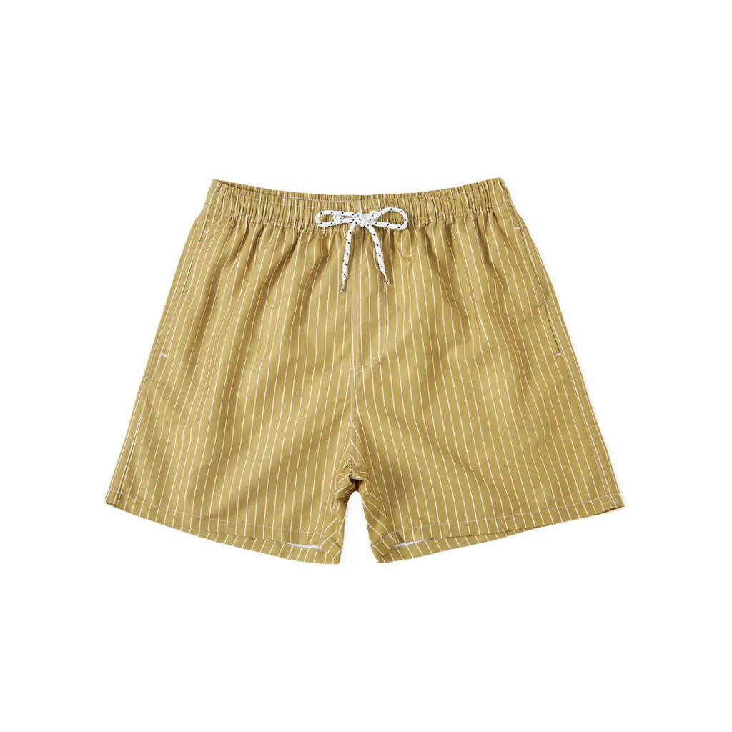 Polyester fibre striped beach shorts with straight leg opening and triangle lining design in multiple colours