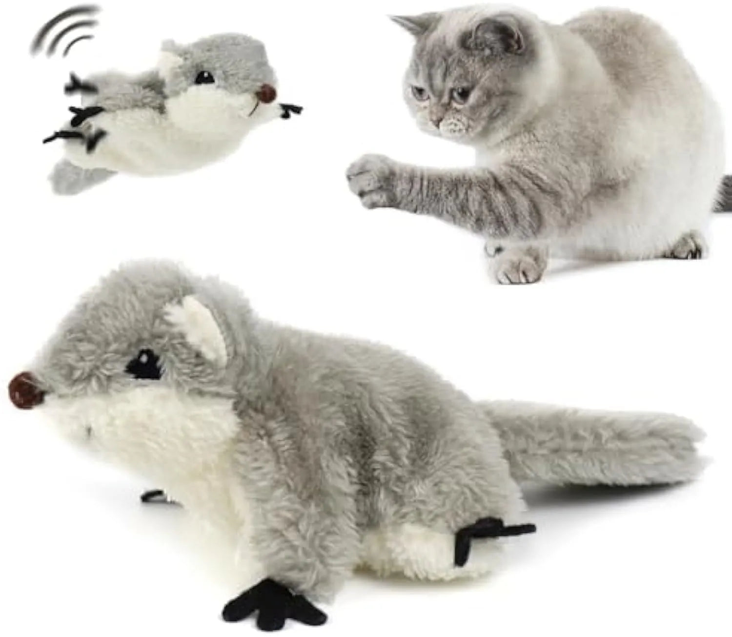 Gray flapping squirrel cat toy with motion sensor and USB charging cable