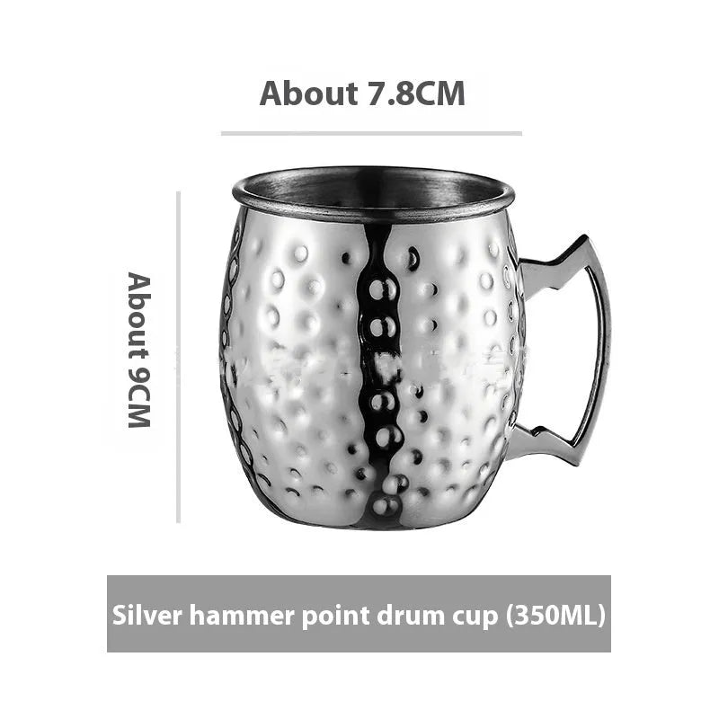 Copper plated stainless steel Moscow Mule mug in hammered and smooth styles, shown in silver, gold, rose gold, and black.