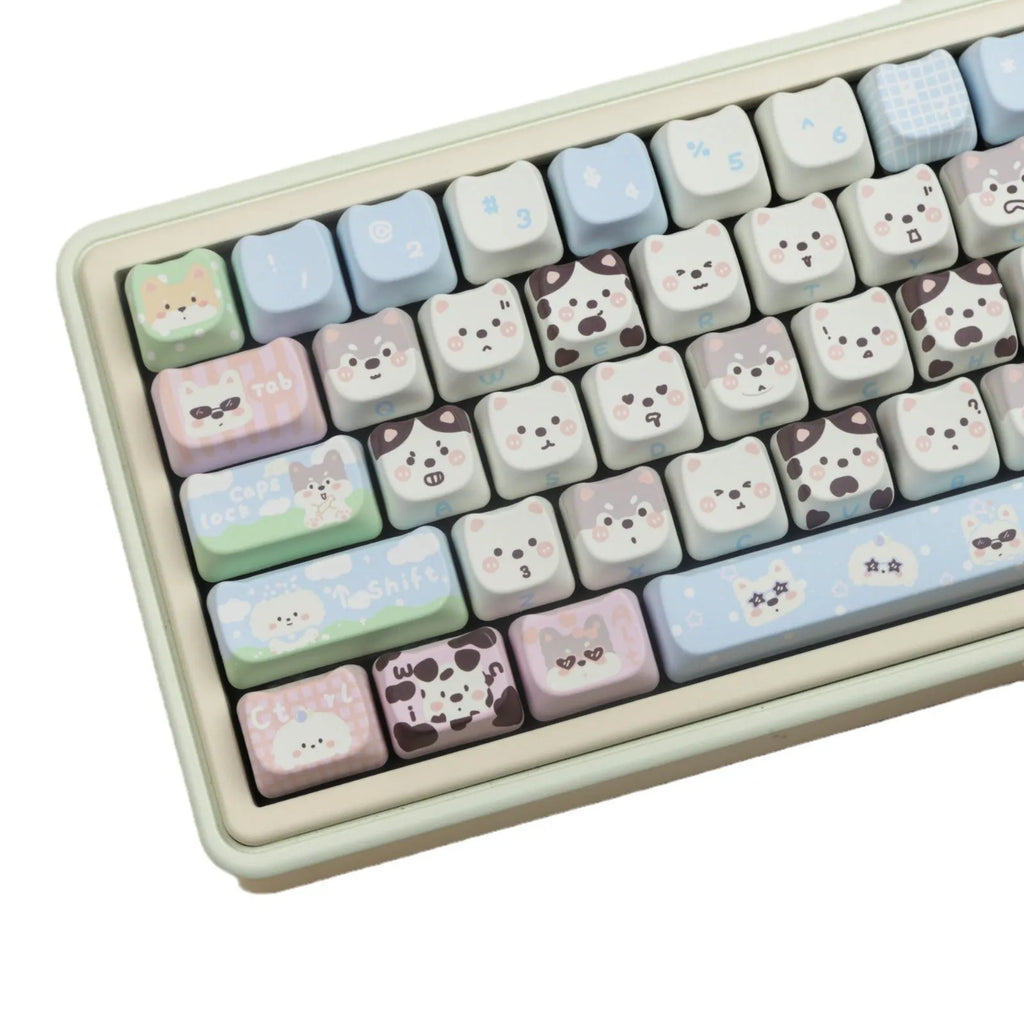 Full set of PBT sublimation keycaps with colourful puppy design for mechanical keyboards