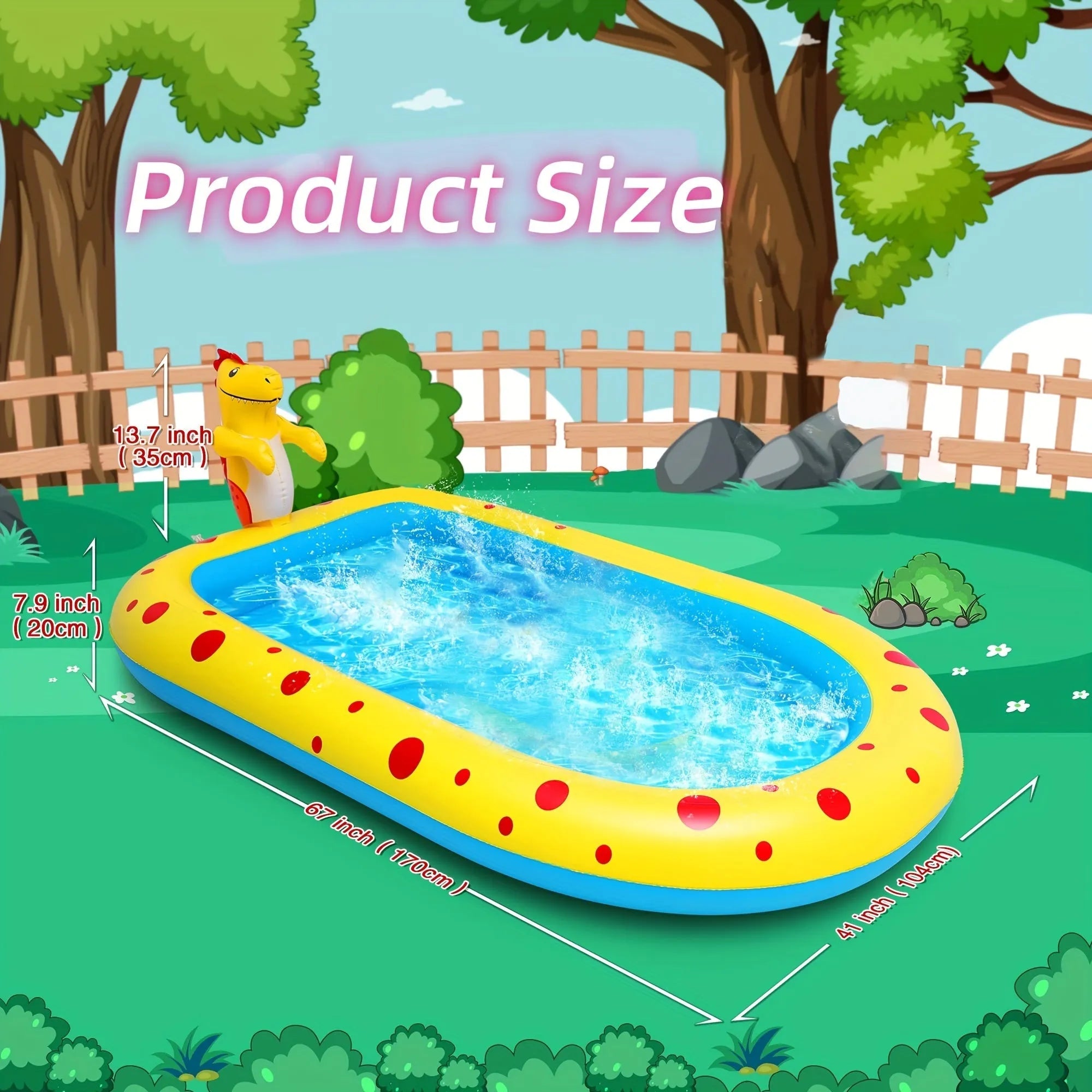 Blue dinosaur-shaped inflatable water pool with multiple sprayers for children's outdoor play