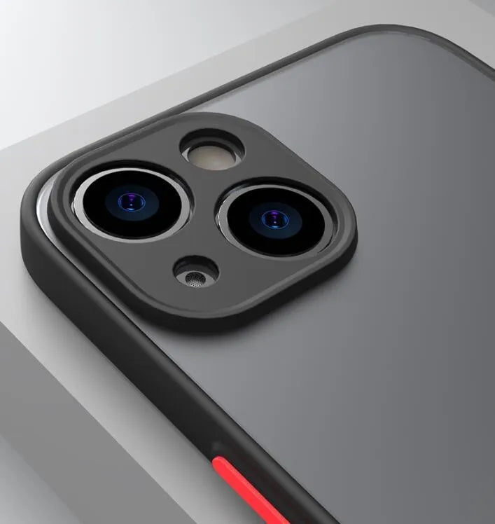 Frosted hard plastic and TPU iPhone case with fine hole design and raised camera protection.