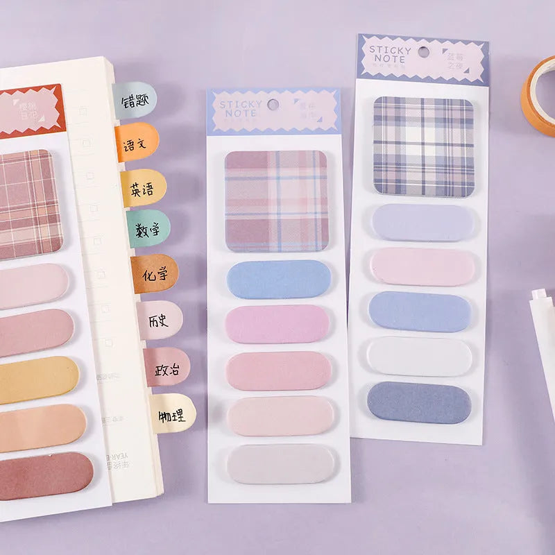 Colourful sticky note memo pad set with 120 sheets in six designs, size 67mm by 200mm.