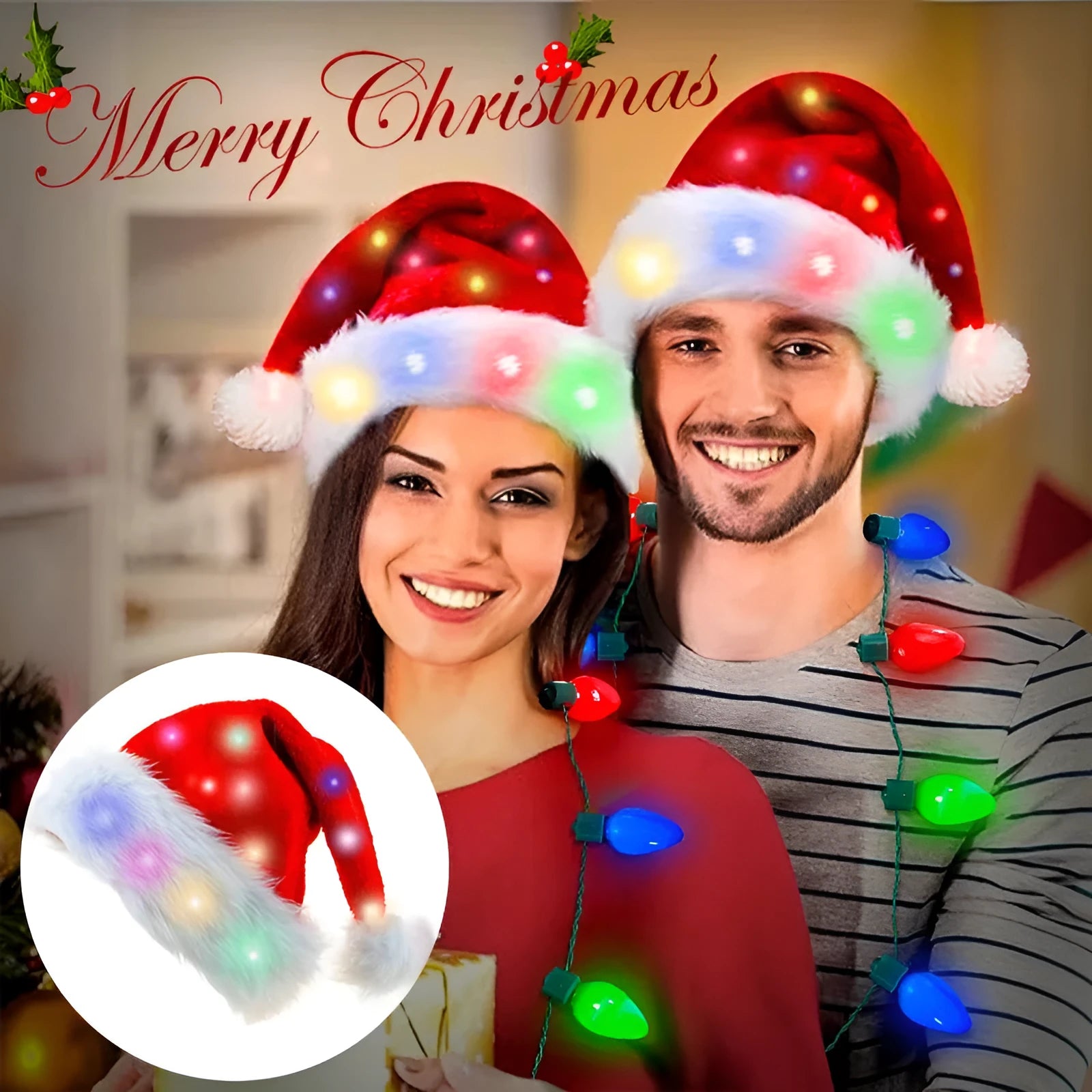 Red and white plush Santa hat with integrated multi-colour LED lights lit up around the brim.