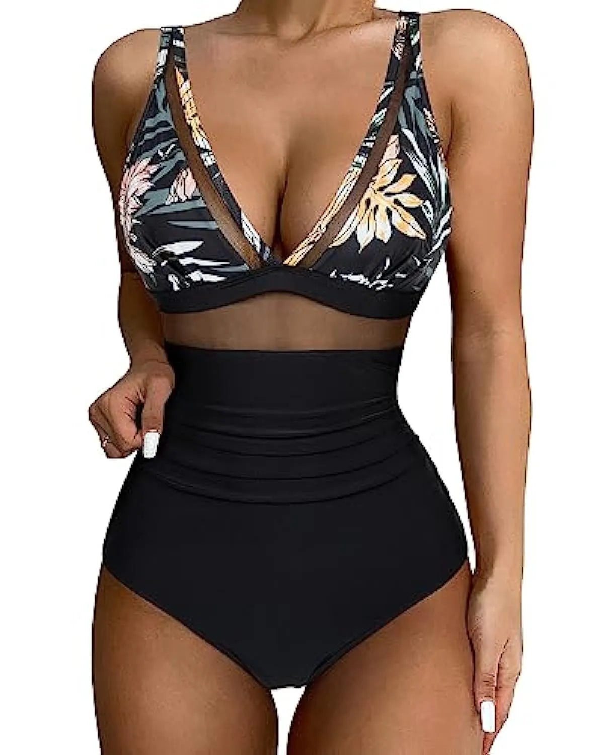 Women's high-waist one-piece swimsuit in quick-drying polyester fabric, backless design