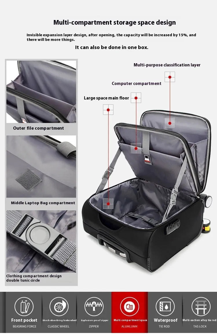 Black 18-inch Oxford cloth business suitcase with pull handle and universal wheels.