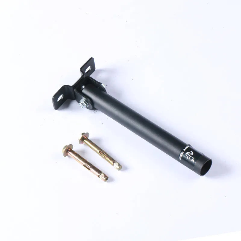 Steel wall-mounted barbell rod rack holding multiple tubes, with expansion screws for installation.