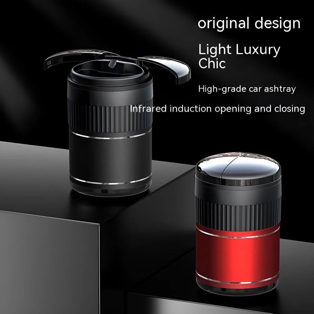 Automatic metal car ashtray with lid in black, silver, green, or red, measuring 113mm by 72mm.
