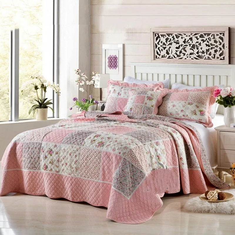 Pure cotton Korean style bedspread set with quilted texture on a bed, showing non-slip cover and matching pillowcases.