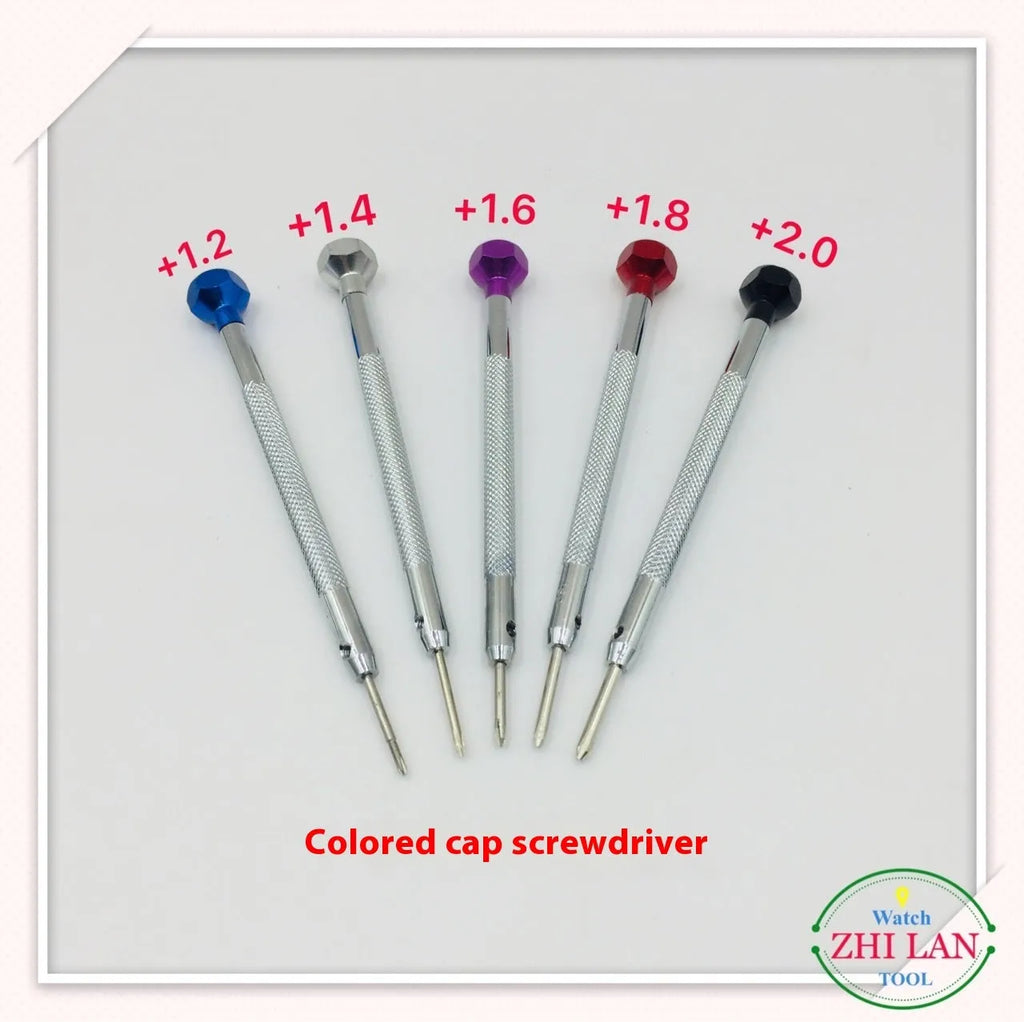 Six colour-coded aluminium handle screwdrivers with copper grips for watch and precision repair work.