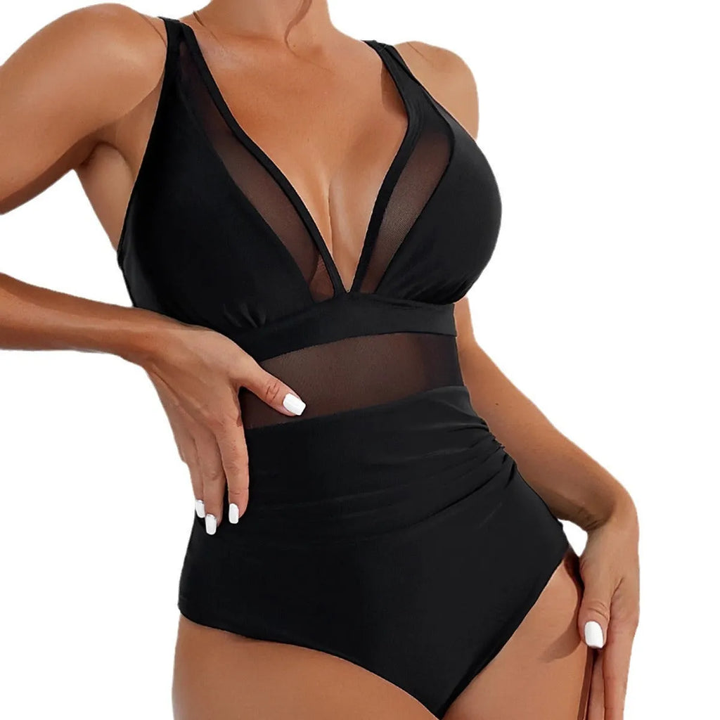 Black mesh halter one-piece swimsuit for women with brief style cut