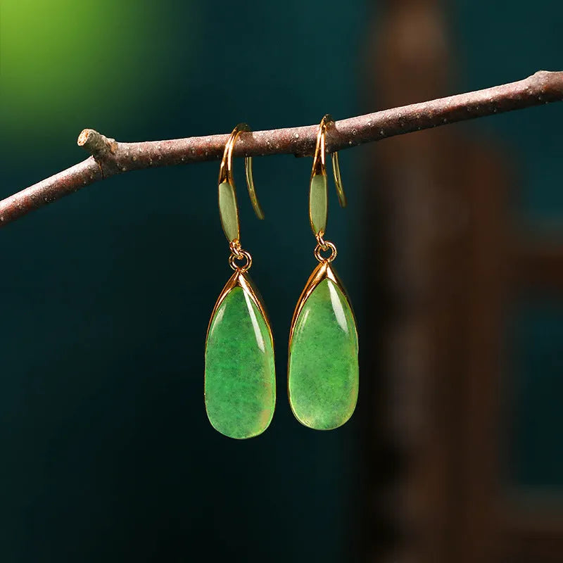 Retro Chinese style geometric earrings with jade colour finish and water droplet elements