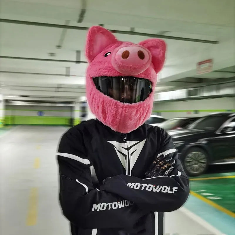 Pink pig cartoon design plush protective hood for motorcycle helmets with storage sleeve