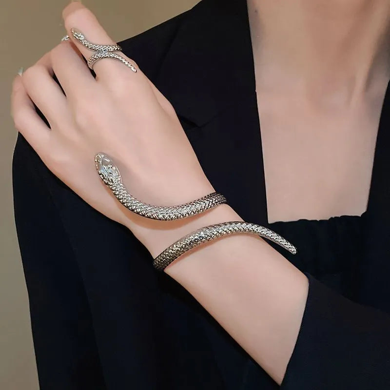 Gold electroplated exaggerated twisted snake design ring and bracelet jewellery set