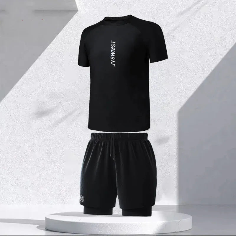 Men's two-piece polyester swim set showing short-sleeved swim top and matching trunks on a hanger.