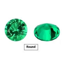 Cultivated emerald gemstone in Columbian green colour showing various polished cuts on a white background.