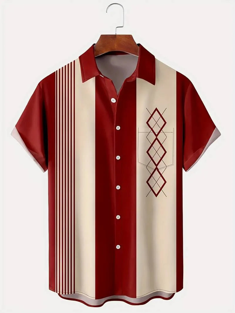 Man wearing a loose fit plaid short-sleeved shirt with a lapel collar.