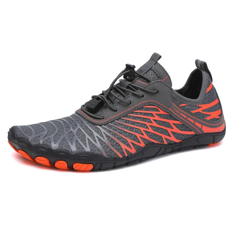 White lace-up sports upstream shoes with breathable gauze lining and textured non-slip rubber sole.
