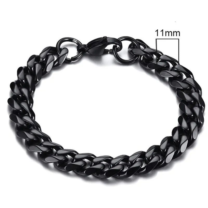 Six-sided geometric Cuban link metal bracelet in gold, black, and steel colour finishes.