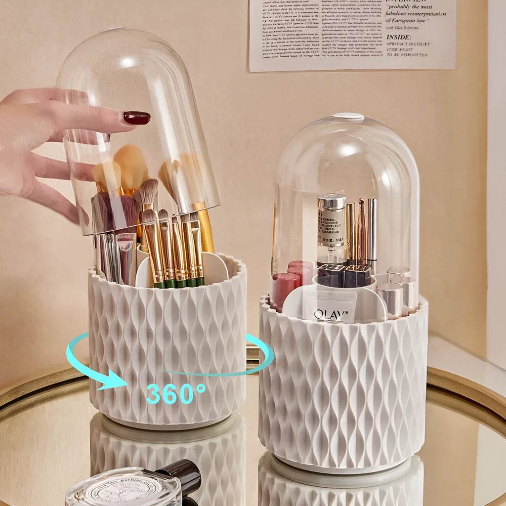 White acrylic makeup brush storage box with transparent design and rotating base