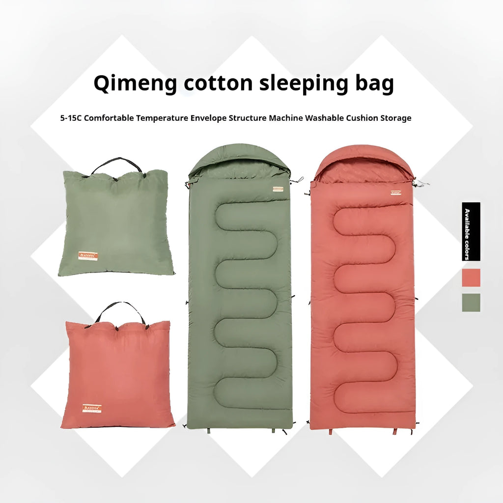Outdoor camping cotton sleeping bag shown in ochre and olive green colour options