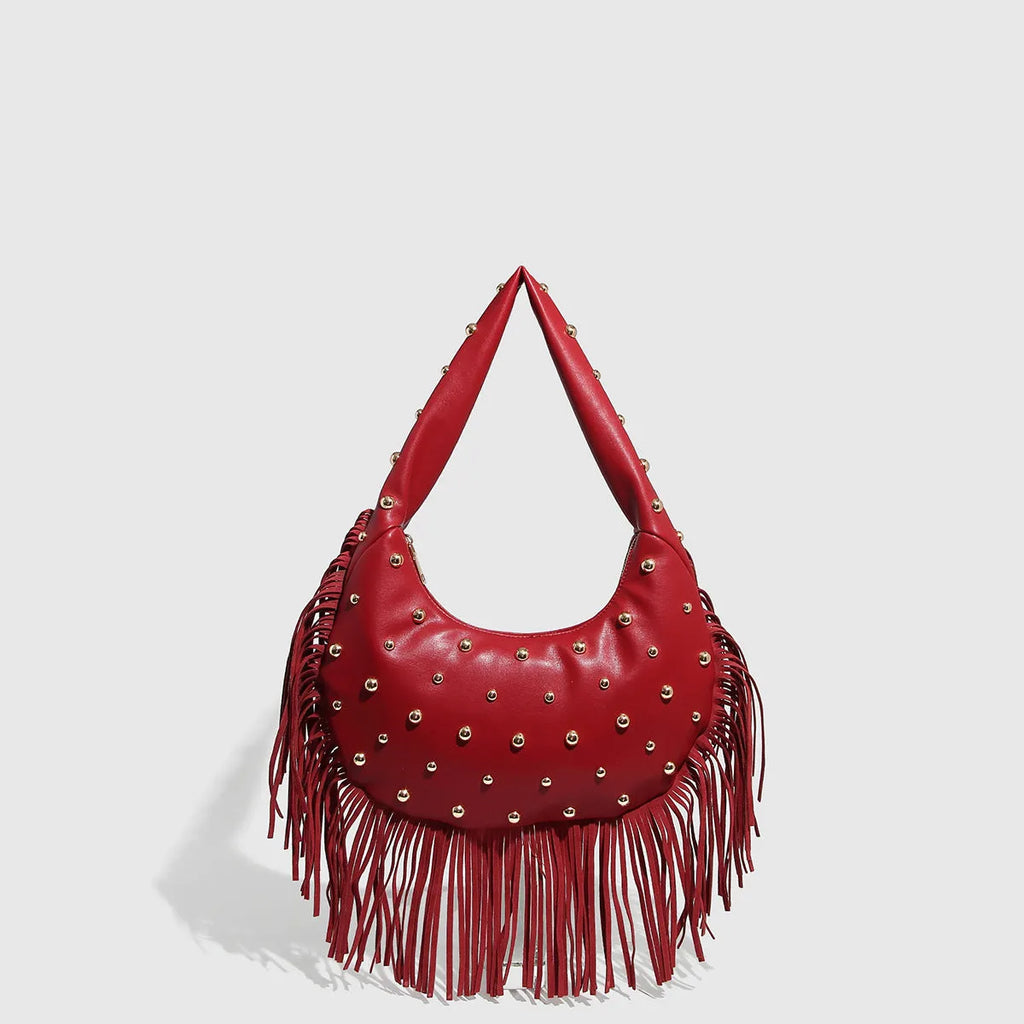 Retro black tassel shoulder handbag with mobile phone pocket showing decorative detailing