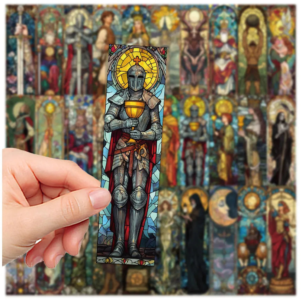 Set of 30 paper bookmarks with painted glass tarot card designs in a cute style.