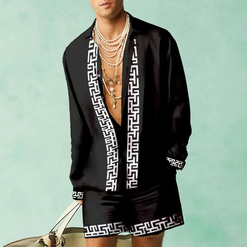 Men's casual summer shirt and shorts set in colour matching polyester slim fit